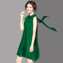 Летнее зеленое платье из натурального шелка 100%, элегантное свободное однотонное женское платье-трапеция без рукавов с круглым вырезом и бантом, женская одежда из натурального шелка 2024 - купить недорого