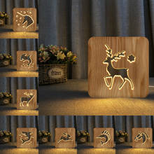 Luminária de mesa com led de madeira para bebês, cavalo, tubarão, cervo, unicórnio, luz noturna oco, usb, decoração para crianças, presente de ano novo