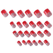 24Pcs/Set Glitter Powder Design Fake Nails Bright Red Short Square Artificial False Nail Tips with Glue Sticker new arrival 2024 - buy cheap