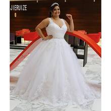 JIERUIZE New Ball Gown Wedding Dresses V Neck Lace Up Back Plus Size Bridal Gowns Beading Sashes Lace Appliques robe de mariee 2024 - buy cheap