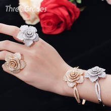 ThreeGraces-Conjunto de anillo y anillo de circonia cúbica, joyería de boda, Micro pavé, Color dorado, flor grande, JS060 2024 - compra barato