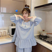 Home service two-piece sexy lace pajamas female Korean sweet long-sleeve cotton sleepwear simple casual bathrobe pijamas women 2024 - buy cheap
