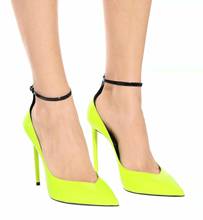 Sexy  Neon Yellow Pointed toe Black Ankle Strap High Heels Pumps Woman Low Cut Bright Patent Leather Party Pump Shoes for Ladies 2024 - buy cheap