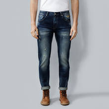 Calça jeans italiana vintage, jeans masculino de alta qualidade azul escuro, slim fit, rasgado, designer selvedoce, calça em jeans 2024 - compre barato