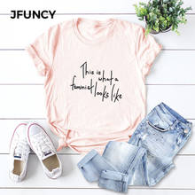 JFUNCY 100% хлопковая летняя футболка с буквенным принтом, женская футболка с коротким рукавом, женские футболки размера плюс, повседневные женские базовые Топы 2024 - купить недорого