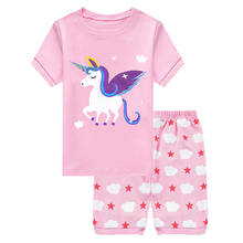 Chándal de algodón puro para niños de Europa y América, camiseta de manga corta con dibujo de unicornio para niñas, pijamas de dos piezas de una generación de 2024 - compra barato