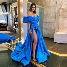 Verngo 2021 Sexy Off the Shoulder Blue Long Evening Dress Satin Sleeves Elegant Prom Gowns Side Slit Women Formal Party Dress 2024 - buy cheap