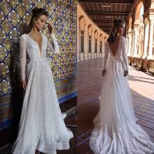 2021 Lace Wedding Dresses Sexy Deep V Neck Applique Sequins A-Line Bridal Gowns Open Back Sweep Train Wedding Dress Robe 2024 - buy cheap