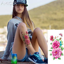 Tatuaje de Henna para mujer, Tatuajes Temporales falsos, pegatinas de rosas dulces, flores de peonía, tatuaje de brazo y hombro, tatuaje impermeable en el cuerpo 2024 - compra barato