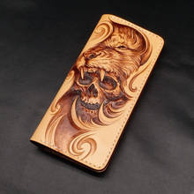Free Design Handmade Wallets Carving Lion Skull Purses Men Long Clutch Vegetable Tanned Leather Wallet Card Holder 2024 - buy cheap