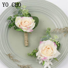 YO CHO Bride Wrist Corsage Men Wedding Boutonniere Quality Silk Rose Flower Girl Bracelet White Pink Boutonniere Wedding Corsage 2024 - buy cheap