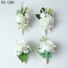 YO CHO Artificial Silk Rose Flower White Groom Boutonniere Bride Wrist Corsage Men Women Wedding Flower Prom Party Decorations 2024 - buy cheap