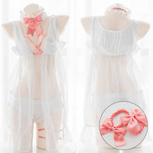 Sexy Cute Lolita Open Chest Pajamas Micro-transparent Ribbon Hollow Out Nightdress Sweet Japanese White Lace Mesh Underwear Set 2024 - buy cheap