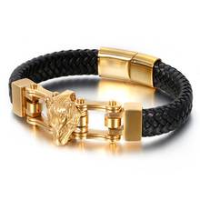 Pulseira punk masculina, pulseira de couro estilo punk cor prata/dourada 316l de aço inoxidável com pingente de cabeça de lobo bracelete preto 2024 - compre barato