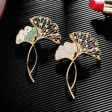 OKILY Fashion Double Leaves Zircon Pins and Brooches for Lady Wedding Jewelry Hollow Out Ginkgo Leaf Brooch Scarf Accessories 2024 - buy cheap