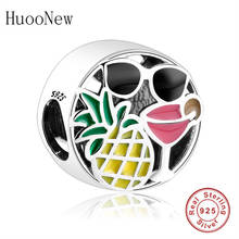 Huoonew-pulseira pandora original 925, berloque em prata esterlina verão, contas de abacaxi esmaltadas para fazer joias 2024 - compre barato