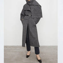 Ins Fahion Grey Plaid Wool Trench  Women's Mid-length Coat Loose Autumn Winter Long Jacket 2024 - buy cheap