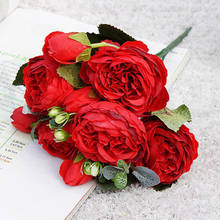 2020 розовый Шелковый букет, красные розы, искусственные цветы, 5 больших головок, 4 маленьких бутона, искусственные цветы для невесты, свадьбы, дома 2024 - купить недорого