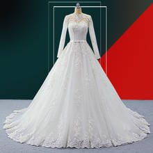 Wuzhiyi alta qualidade a linha vestido de casamento longo vestido de noiva o pescoço luxo faixas robe de marie marie arco vestido de casamento personalize 2024 - compre barato