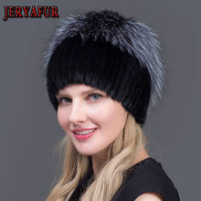 Jeryafur chapéu de pele de raposa prateada, feminino, com pele de vison natural, chapéus para inverno com strass rosa, patchwork, cores misturadas 2024 - compre barato