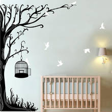 Árbol Swirly con jaula de pájaros, pegatinas de vinilo para pared, árbol con pájaros voladores, guardería, dormitorio de bebé, sala de estar, decoración del hogar LL2504 2024 - compra barato