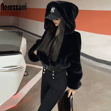 Nerazurri vestuário grande coreano moda feminina moda urbana cortada fofo quente jaqueta de pele falsa capuz manga comprida com zíper 2024 - compre barato