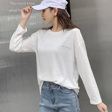 Solid Color Casual Tee Long Sleeve Letter Print O-Neck Basic White T Shirt Women Tops Loose T-Shirt 2019 Autumn Winter 2024 - buy cheap