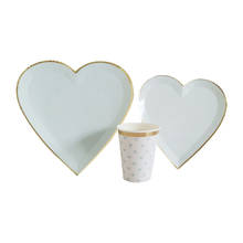Suministros para decoración de bodas, vajilla desechable para fiesta de cumpleaños, platos de papel en forma de corazón azul, vasos de papel 2024 - compra barato