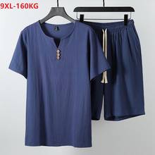 Футболка и шорты в японском стиле мужские, льняная Повседневная рубашка с коротким рукавом, свободного покроя, в винтажном стиле, большие размеры 8XL 9XL, синие, на лето 2024 - купить недорого