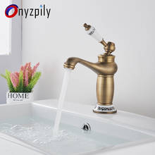 Onyzpily-grifo de lavabo de baño, mezclador de agua caliente y fría con mango y Base de porcelana azul y blanca de cobre antiguo, giratorio de un solo mango 2024 - compra barato