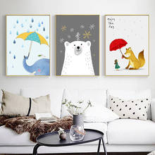 Elefante e raposa segurando guarda-chuva no dia chuvoso nordic cartoon animal bonito das crianças quarto decorativo pintura da lona 2024 - compre barato