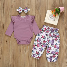 Macacão infantil com babados, roupas para bebês de outono, macacão liso + calça floral + tiara para recém-nascidos 2024 - compre barato