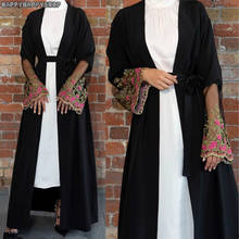 Classic Floral Net Sleeves Cardigan Women Muslim Islamic Belted Open Front Caftan Abaya Party Dress Turkey Dubai Black Robe Gown 2024 - купить недорого