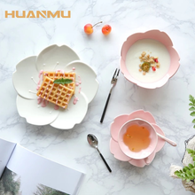 Plato de cena de cerámica con gradiente japonés, juego de platos de postre en forma de pétalo para hornear, Irregular, bonito, rosa y blanco 2024 - compra barato