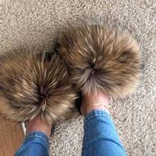 2020 Real Fox Slippers Fluffy Slippers Fox Fur Slides Fuzzy Sliders Soft Plush Fur Mules Summer Shoes Women 2024 - buy cheap