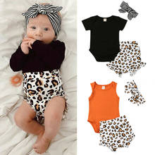 Summer Newborn Infant Baby Girls Clothes Sleeveless Bodysuits Tops  Leopard  Shorts Outfits 3PCS Set 2024 - compre barato