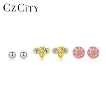 CZCITY 925 Sterling Silver 3 Pairs Stud Earrings Set Cubic Zircon Cute Small Bee Flower Round Fine Jewelry for Girl Party SE-474 2024 - buy cheap