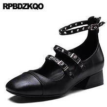 Low Heel Ladies Ankle Strap Black Chinese Genuine Leather Designer Shoes Women Luxury 2021 Metal Mary Jane Square Toe Fashion 2024 - buy cheap