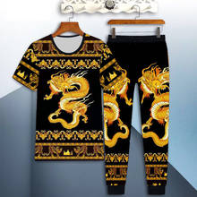 New men's casual wear suit male 3D dragon short-sleeved loose T-shirt trousers 2-piece fish print T-shirt fashion men's clothing 2024 - buy cheap