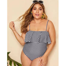 Maiô xadrez plissado, peça única, feminino, estilo retrô, controle de barriga, plus size 2024 - compre barato