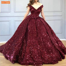 Sparkly Arabic Evening Dresses Long V Neck Bling Sequined Burgundy Ball Gown Formal Dress High Quality Custom Made Evening Gowns 2024 - buy cheap