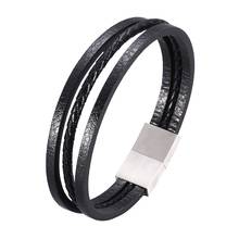 Pulseira masculina de couro, pulseira masculina de couro trançado com fecho magnético de aço inoxidável, da moda, multi-camadas, pd1058 2024 - compre barato