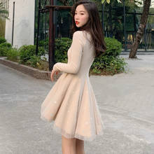 Autumn Winter French Style Elegant Glitter Mesh Patchwork Ruffle Sweater Dress Women Kawaii Short Knitted Dresses Long Sleeve 2024 - buy cheap