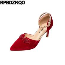 Zapatos de tacón alto de terciopelo para mujer, calzado femenino de punta estrecha, de 3 pulgadas, con correa en el tobillo, talla 4, 34, 33, rojo y blanco, 2021 2024 - compra barato