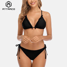 Attraco-Bikini de cintura baja para mujer, traje de baño de Color sólido con cuello Halter, conjunto de Bikini Sexy 2024 - compra barato