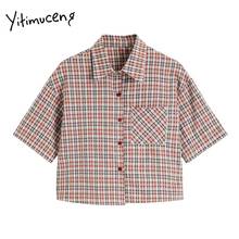 Yitimuceng-Blusa de cuadros rojos para mujer, Camisa recta de manga corta con botones y bolsillos, Estilo Vintage, moda coreana, 2021 2024 - compra barato