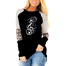 Autumn women 2020 New Musical Notes Print T Shirt Women's leopard color matching stripe round neck loose top long sleeve T-shirt 2024 - buy cheap