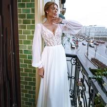 Thinyfull New Arrival Chiffon A Line Wedding Dresses Long Puffy Sleeve V Neck Bride Dresses Lace Appliques Button Bridal Gown 2024 - buy cheap