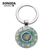 SONGDA Bohemia Buddhist Chakra Charm Keychain Ancient Indian Folk Pattern Om Yoga Mandala Glass Dome Metal Key Chain Ring Holder 2024 - buy cheap