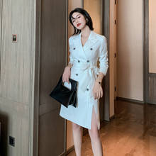 Женское офисное платье-блейзер средней длины на двойных пуговицах с длинным рукавом и поясом, элегантное белое платье с запахом, Осень-зима 2020 2024 - купить недорого